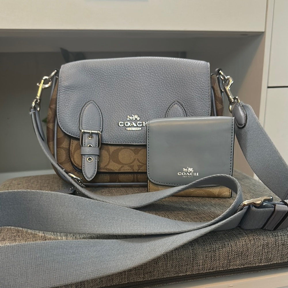 Coach Gray and Brown Crossbody Bag with Signature Canvas